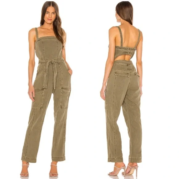 Free People Go West Utility Jumpsuit Moss green size large coverall cargo army L - Picture 1 of 15